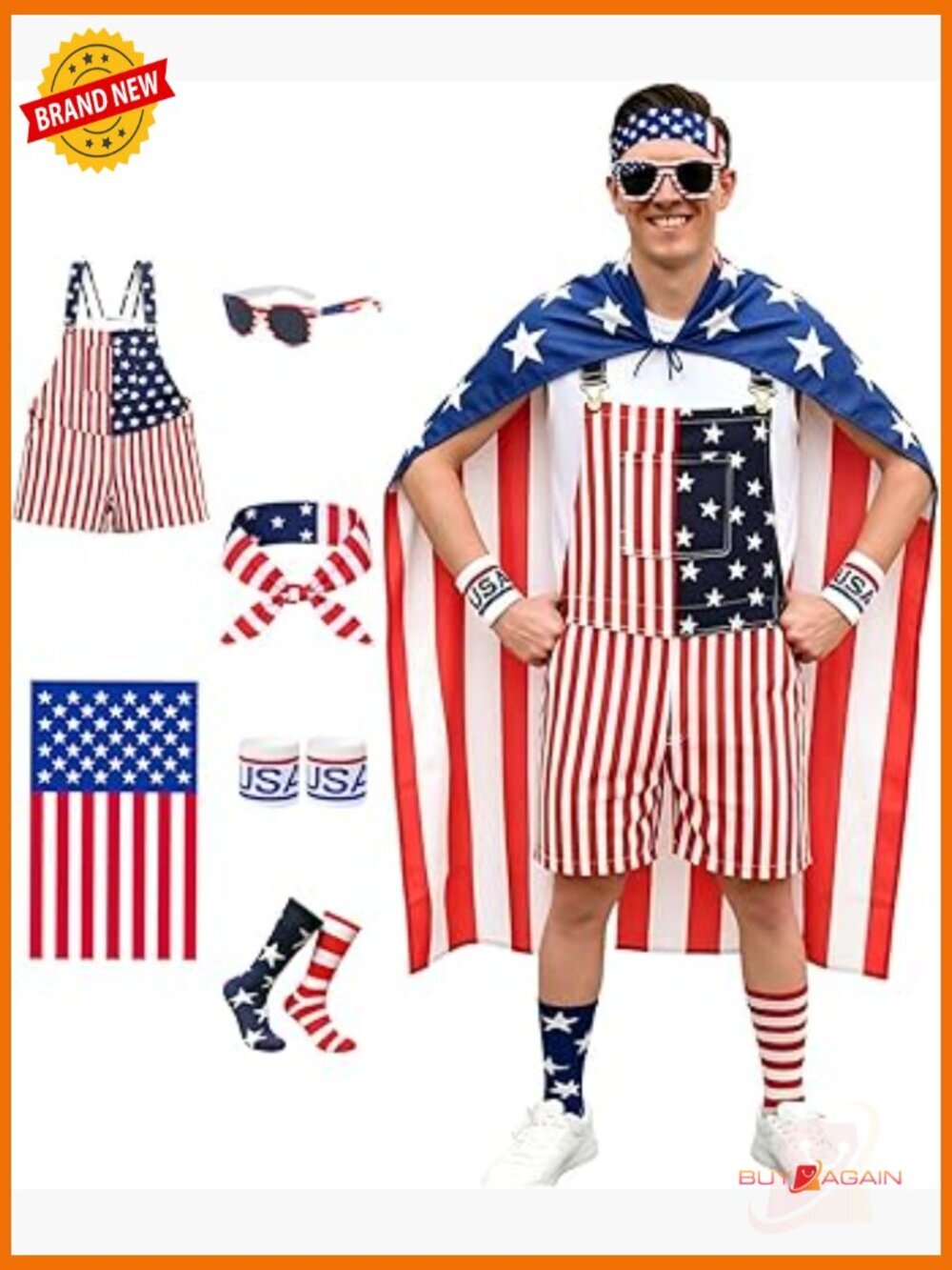 Patriotic Overalls Jumpsuit Unisex 6-Piece Set with Accessories
